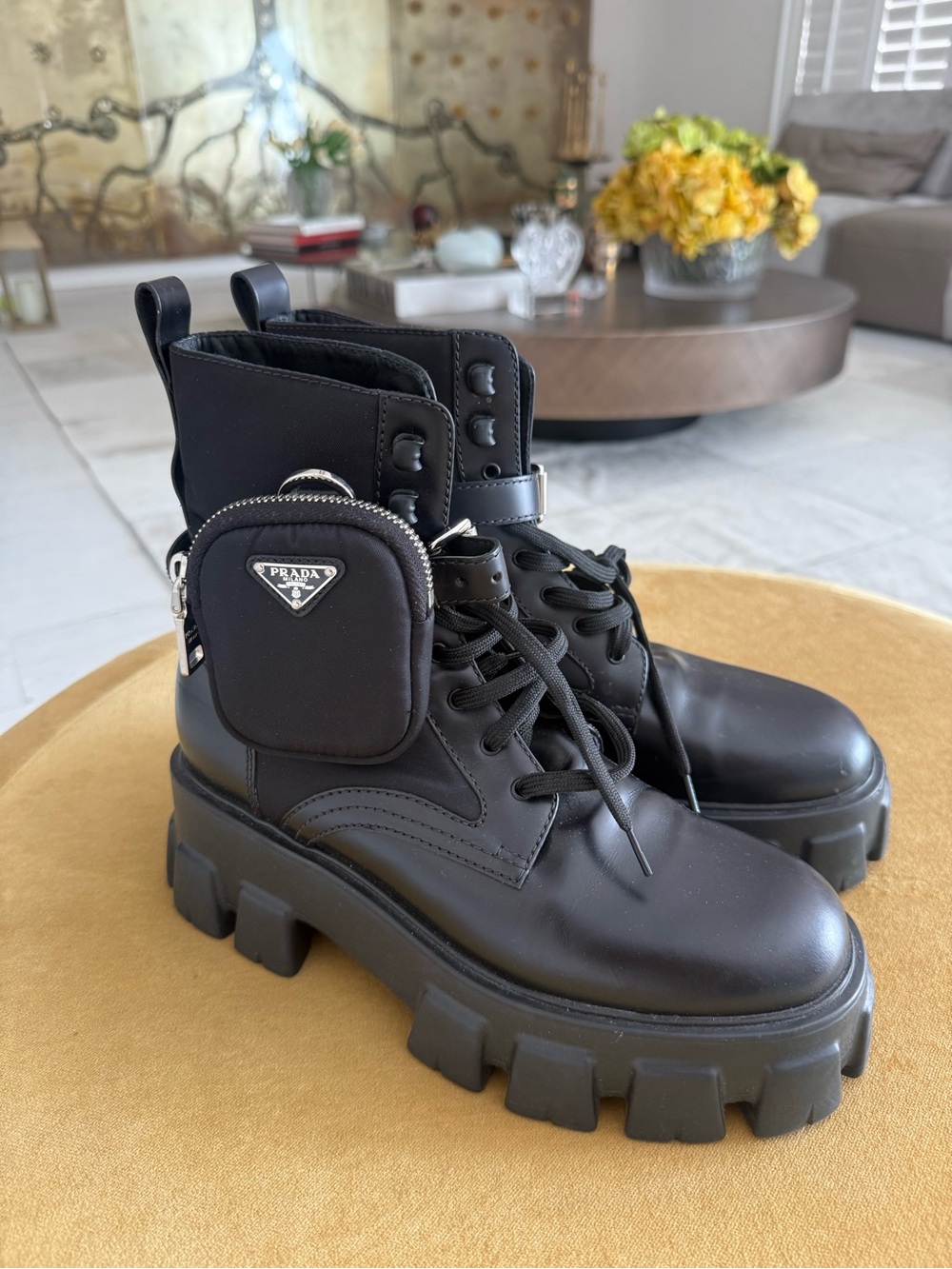 Prada Monolith Leather and Re-Nylon Combat boots